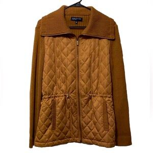 Jones New York Camel Ribbed Sleeve Diamond Puffer Synched Zip Up Jacket!